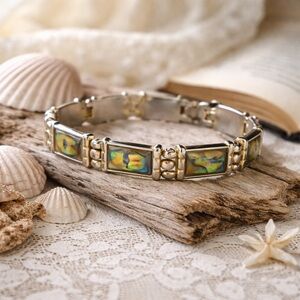 Vintage Abalone Shell Panel Bracelet Iridescent Paua Inlay Chunky Link Mermaid